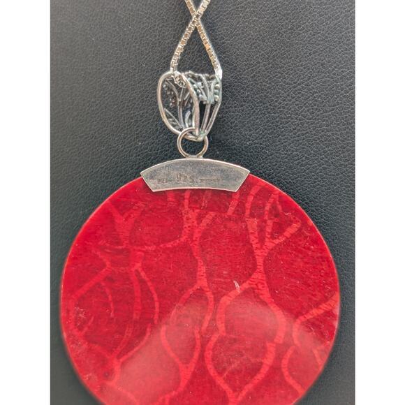 Vtg 925 Sterling Silver Bali Design Red Sponge Coral Pendant Box Chain Necklace - Picture 5 of 10